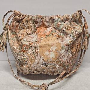 Vintage 70s Saddle River Floral Leather Drawstring Backet Crossbody‎ Boho Bag
